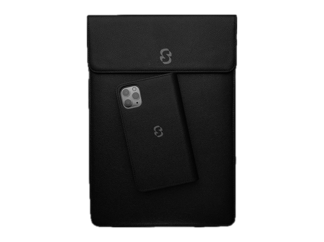 Premium Black Leather Laptop Sleeve | Minimalist Executive Case with Matching Phone Pouch