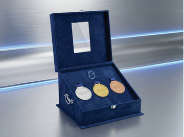 The Champion's Medal Display Box | Premium Navy Velvet Presentation Case with Lid Window